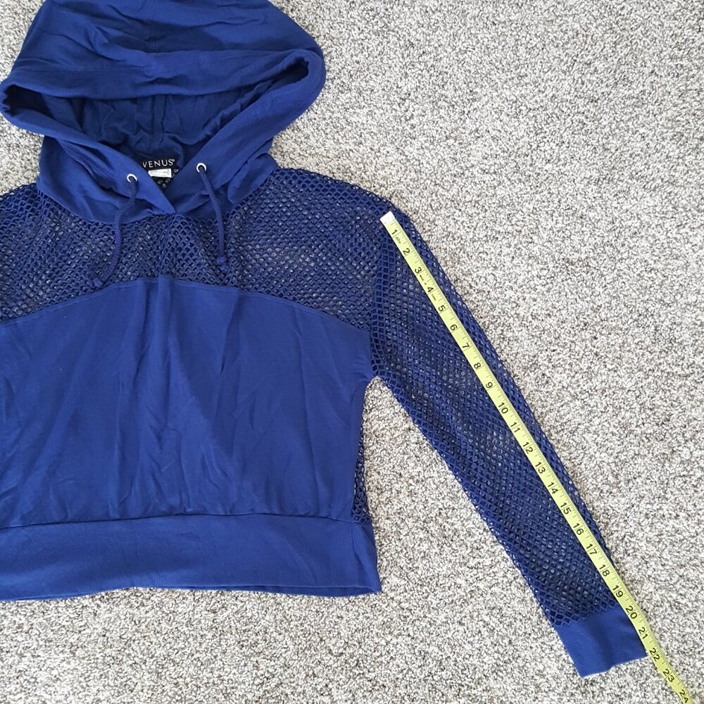 NEW Venus Cropped Mesh Hoodie Top Cover-Up Blue Hooded Long Sleeve Sweatshirt - Picture 7 of 13